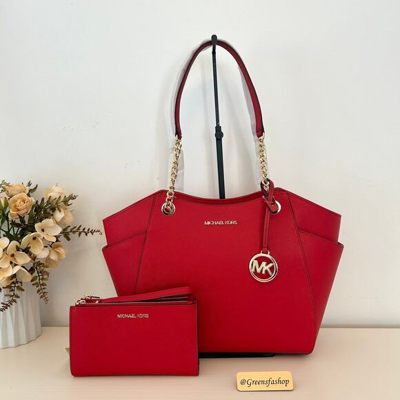 Michael Kors Purse & wallet jet set travel large chain tote shoulder bag red MK - Picture 1 of 11